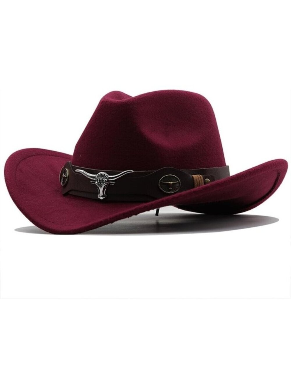 Unisex Wine 100% Polyester Bull Skull Band Classic Fedora Felt Cowboy Hat